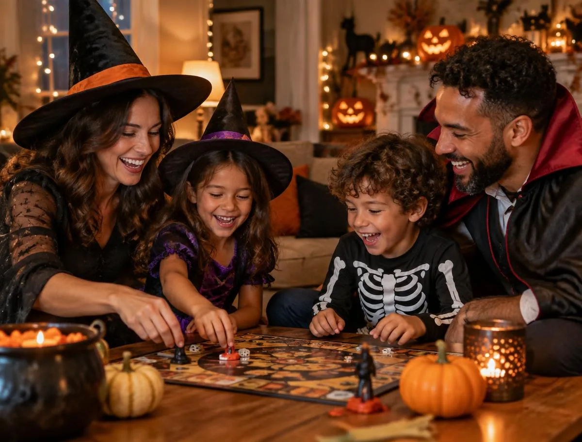 Family laughing together on Halloween night