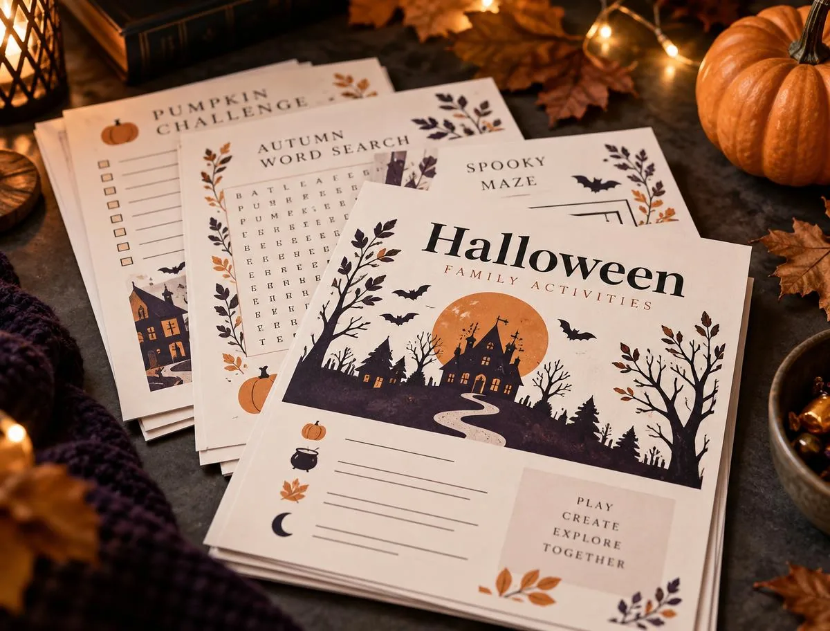 Stack of printed Halloween family activity pages