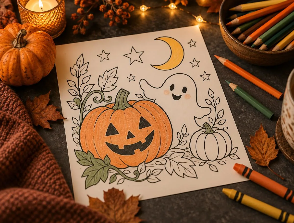 Halloween coloring activity with colored pencils