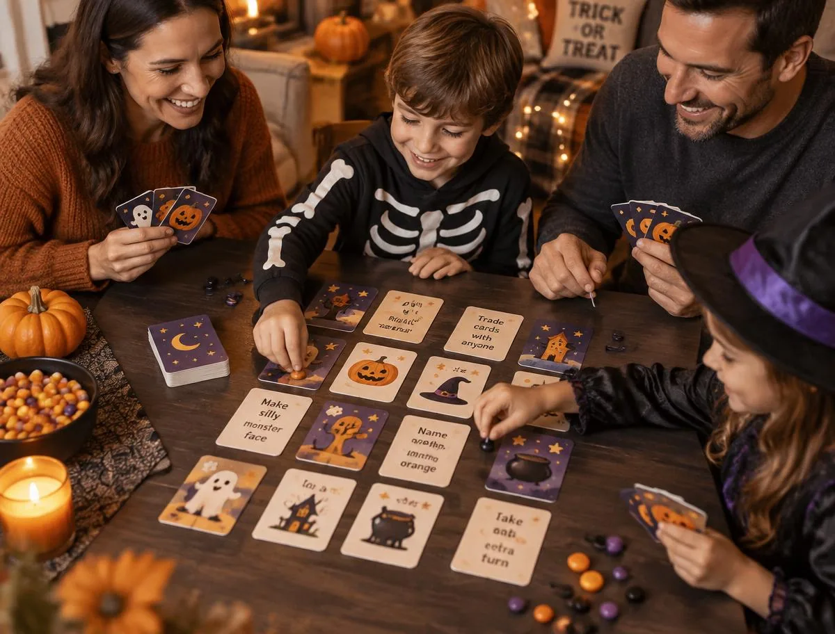 Family playing a Halloween card game together